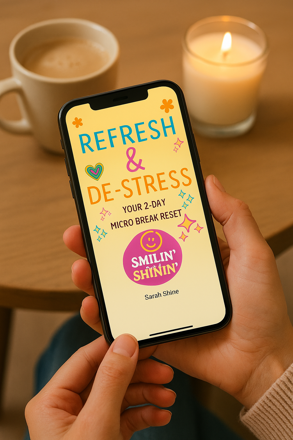 Person holding a phone with a 'Refresh & De-Stress' app on a table with a cup of coffee and candle.